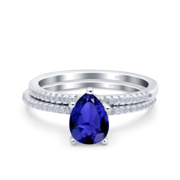 Two Piece Art Deco Pear Engagement Bridal Ring Band Simulated Blue Sapphire CZ 925 Sterling Silver